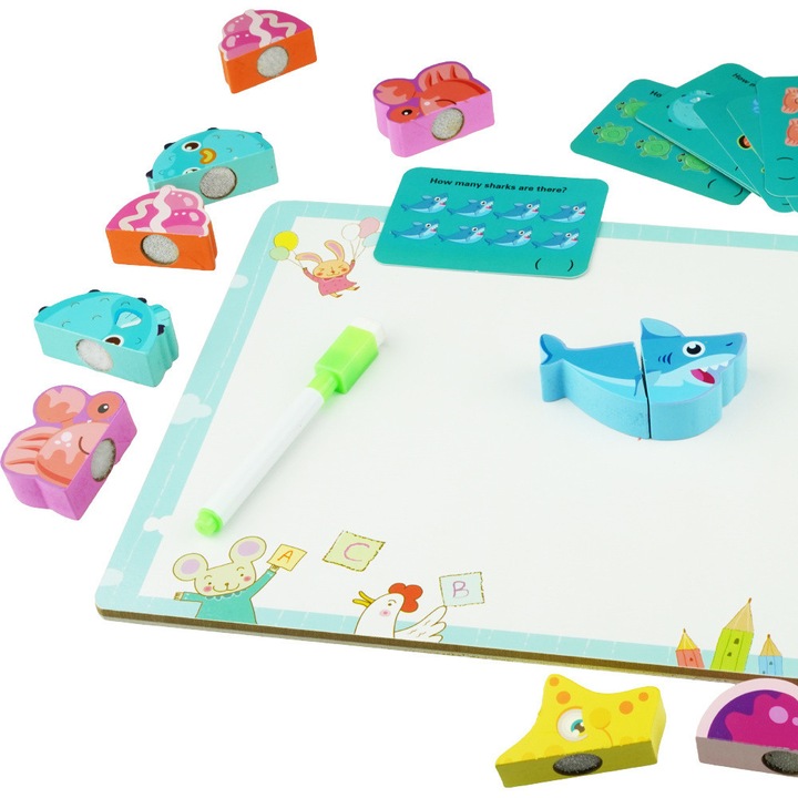 Puzzle educativ din lemn KinderSafe, set cu 9 piese, fructe si legume, multicolor, 30x45cm