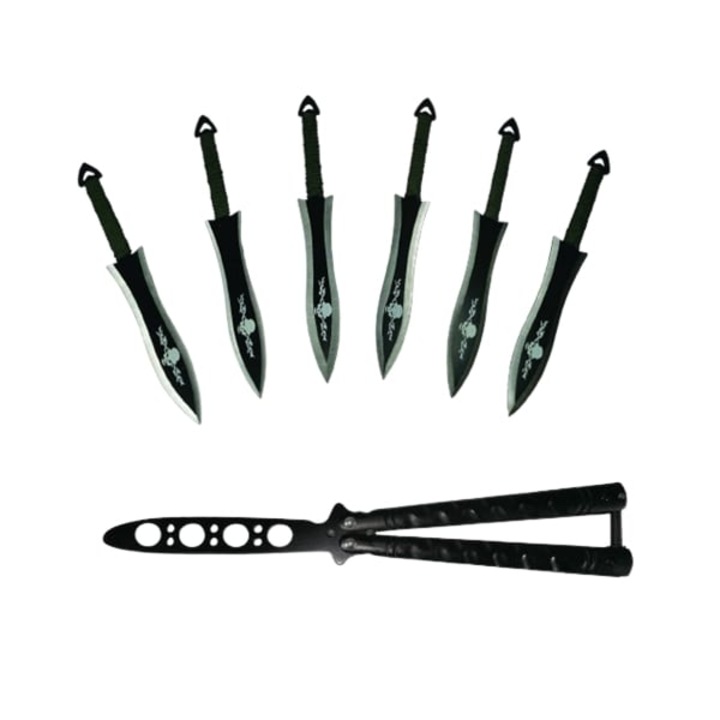 Set Briceag fluture si sase cutite de aruncat, Black Fury, Depox, otel inoxidabil, negru