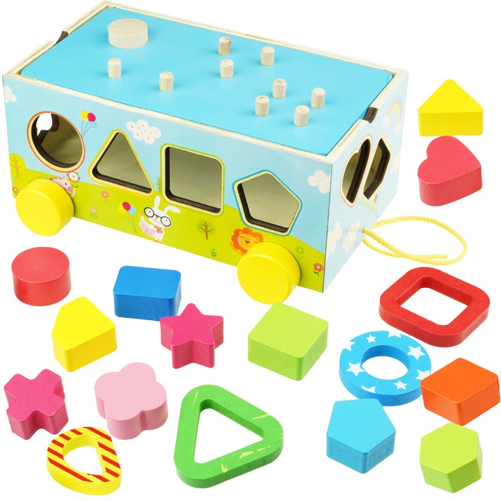 Masinuta educativa KinderSafe, sorter cu 16 blocuri colorate, din lemn, dimensiuni 30x15x15cm