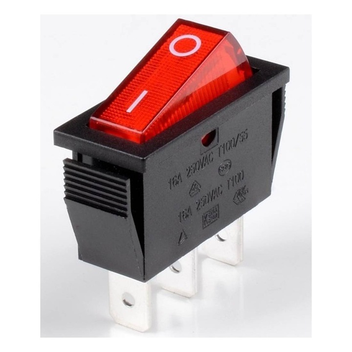 Întrerupător T120-3, 3 pini, 2 poziții, luminos, roșu, 250VAC, 15A, 28x11mm, SPST