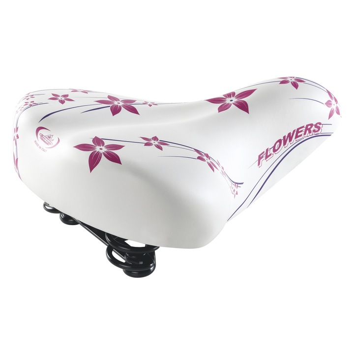 Șa de bicicletă Selle Montegrappa XC061 HAPPY FLOWERS cu Spumă cu Memorie și arc dublu, de damă, piele Sky, culoare alb-roz