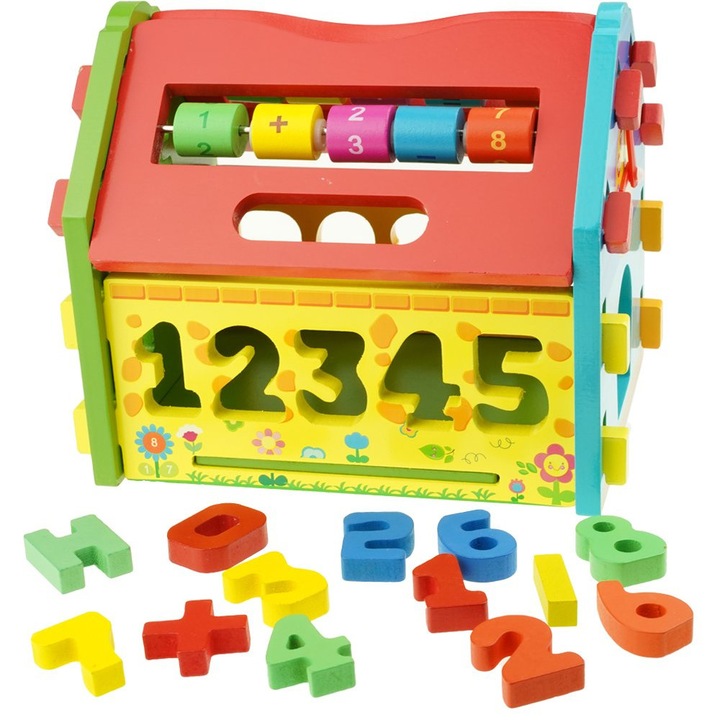 Образователен дървен сортер KinderSafe, 13 цветни блока, форми, с часовник