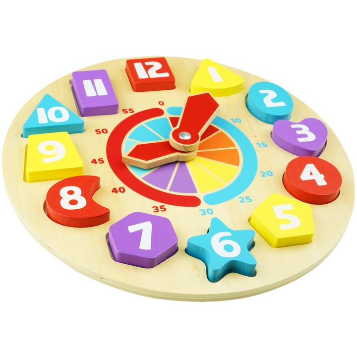 KinderSafe oktató faóra, levehető számokkal, többszínű, 30x30cm
