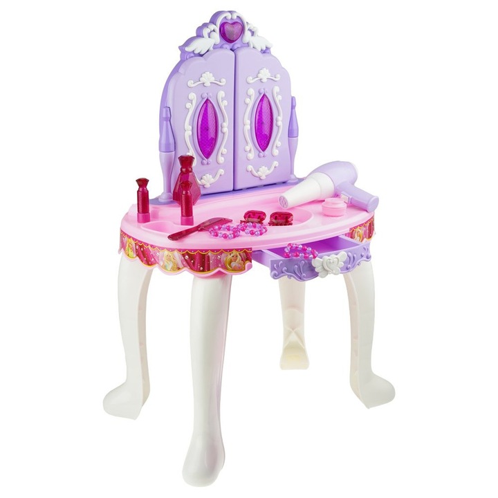 Тоалетка за момиченца с огледало и аксесоари, KinderSafe, светлинни и звукови ефекти, розов, пълен комплект