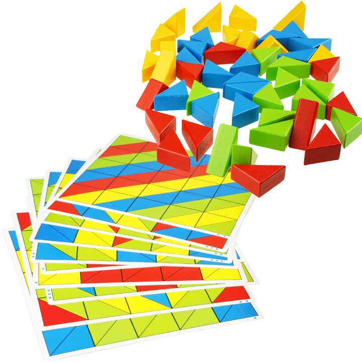 Set de jocuri educative, KinderSafe, mozaica geometrica, 50 blocuri triunghiulare, 10 planse, multicolor