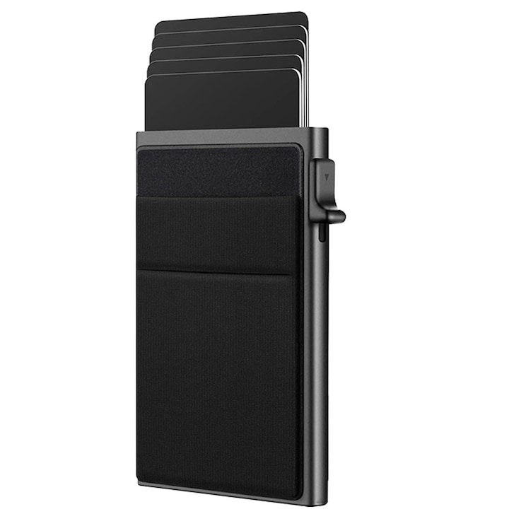 Portofel tip pop-up pentru carduri de credit pentru barbati - Design minimalist subtire, Tioialz®, Potrivit pentru calatorii si utilizare zilnica, Capacitate 6 carduri si bani, Durabil si usor, Cadou ideal pentru barbati, Negru