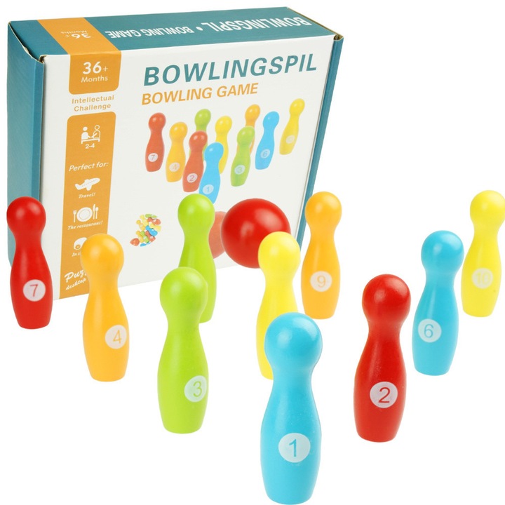 Mini bowling játékszett fából, KinderSafe, többszínű, 1 golyó, 9 cm