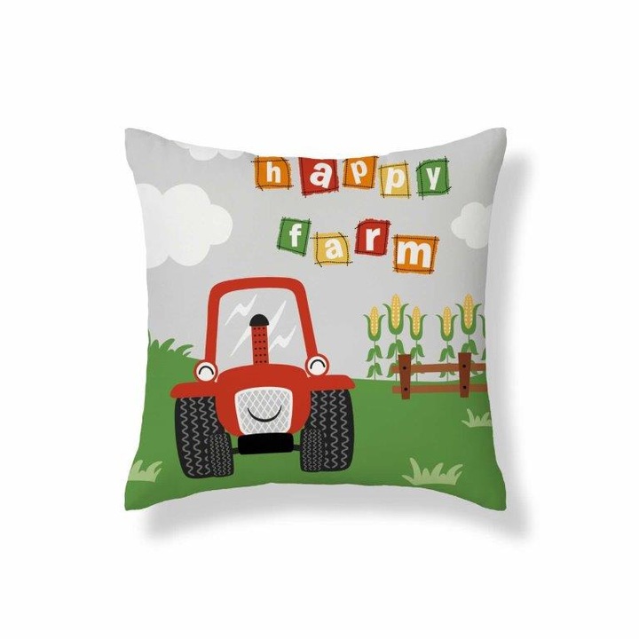 Fata de perna pentru copii, Maya Moo, PSBA40B, 40x40 cm, 100% bumbac, fermoar, imprimeu fata-verso, motiv tractor, multicolor, setul contine 1 bucata