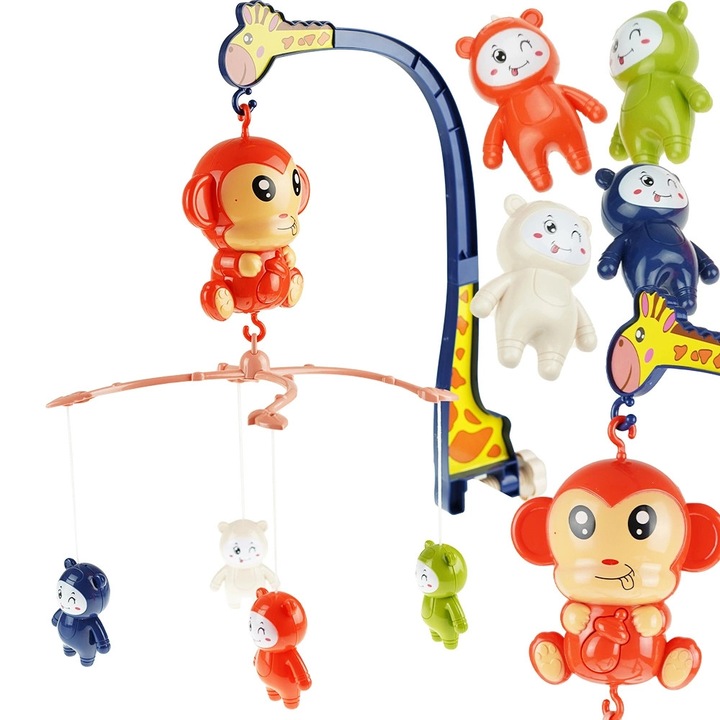 Въртяща играчка за легло KinderSafe, с играчки, мелодия на маймуна, весели цветове, универсален монтаж