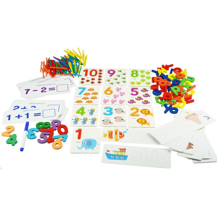 Образователен комплект KinderSafe, 30 математически книги, 28 книги с думи, 10 дървени цифри, 52 дървени букви, 100 цветни пръчици, 25x21x4см
