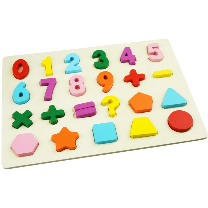 Puzzle educational din lemn KinderSafe, cifre colorate, semne matematice, forme geometrice, set