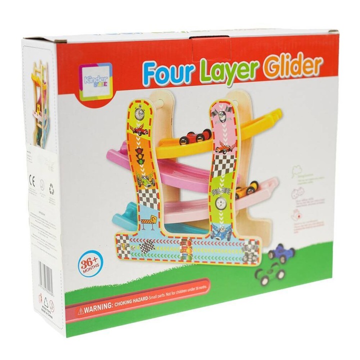 Pista pentru masinute, KinderSafe, 4 niveluri, set cu 4 masinute, multicolor, 28x24.5x7cm, lemn