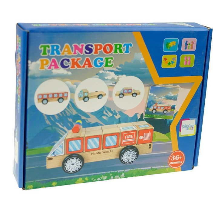 Дървени блокове за сортиране, KinderSafe, 12 блока, 7 превозни средства, многоцветен, образователен