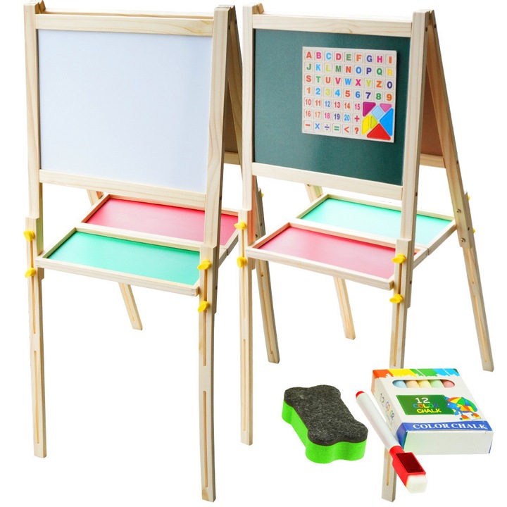 Дървена дъска KinderSafe, с две лица, комплект с тебешир, магнитни цифри и азбука, 38,5x29,5см, максимална височина 100см
