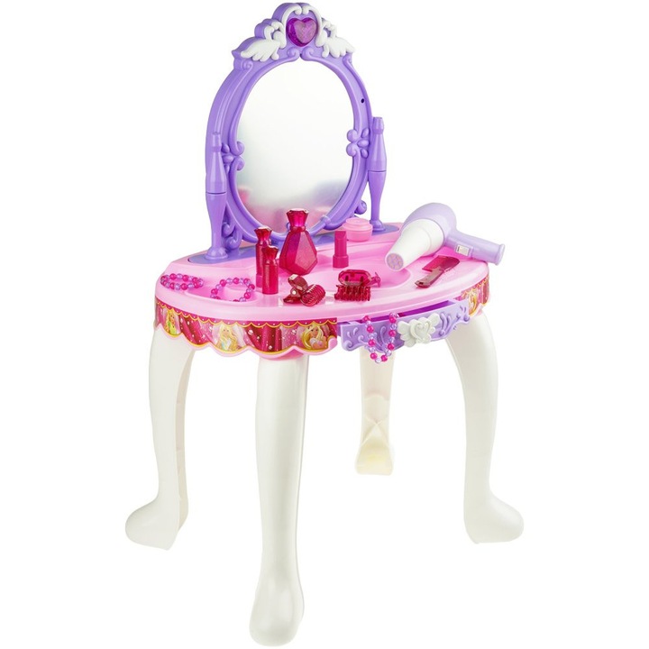 Тоалетка с огледало и аксесоари, KinderSafe, комплект със сешоар, светлинни и звукови ефекти, розов