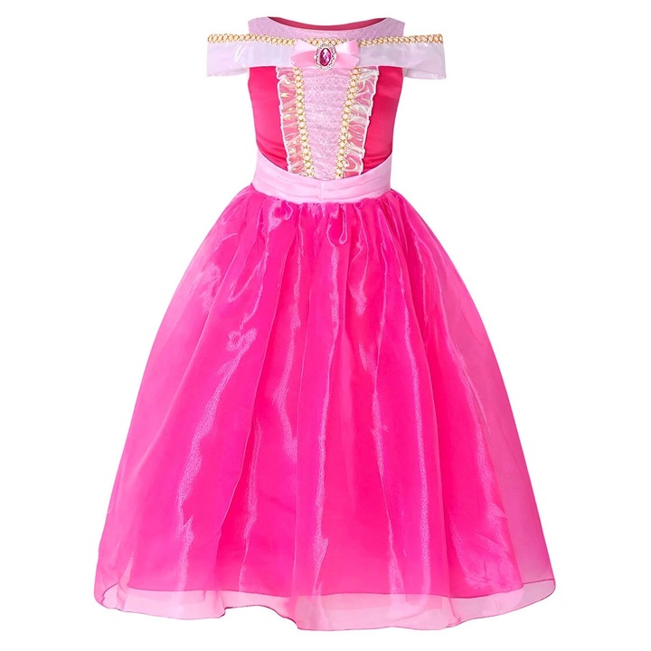 Rochie lunga pentru printesa Frumoasa adormita, A-line, fusta fluida, roz, marimea 128