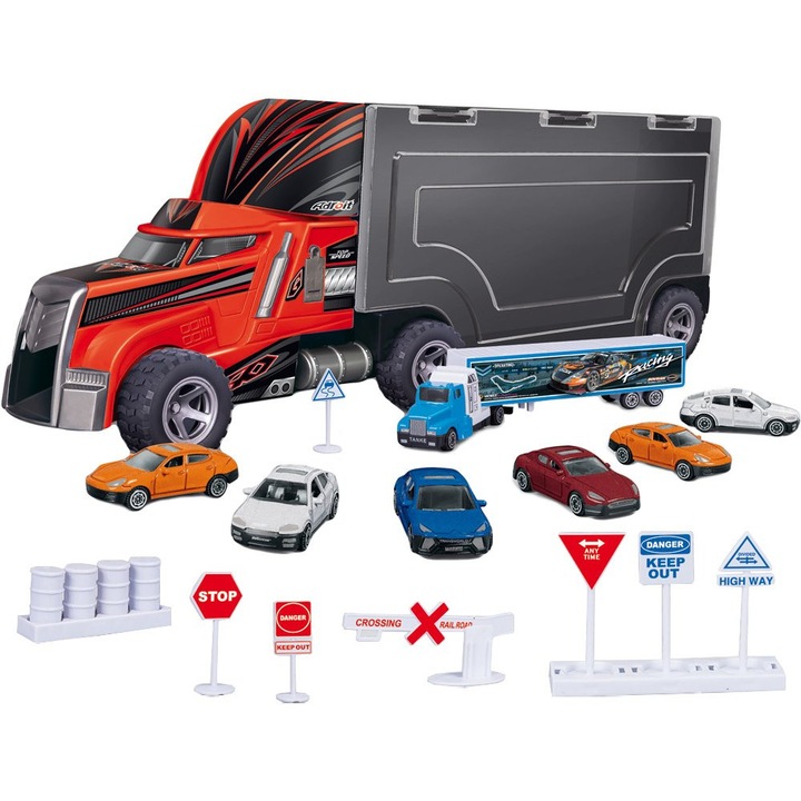 Комплект камион с ремарке KinderSafe, 7 колички, пътни знаци, 61x13x20см