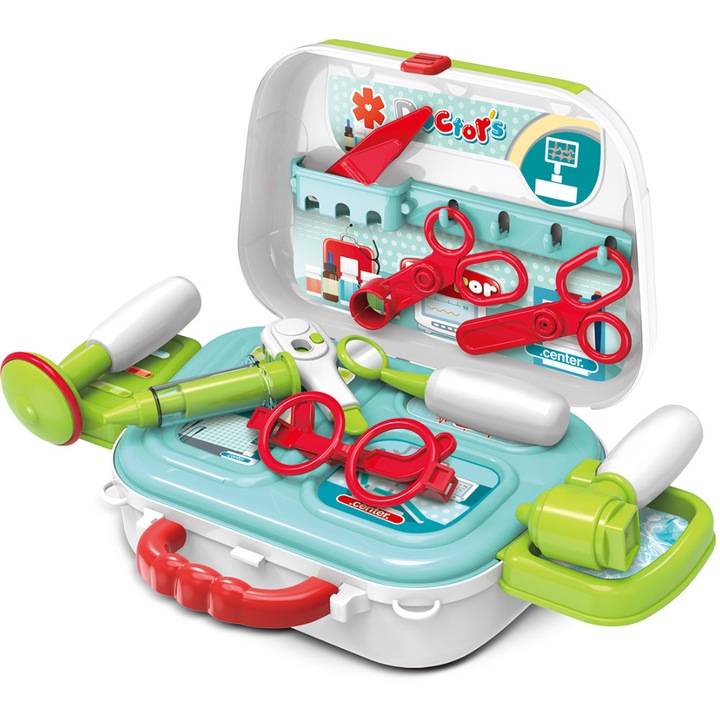 Комплект за игра на доктор KinderSafe, 12 аксесоара, многоцветен, 26x18x10см