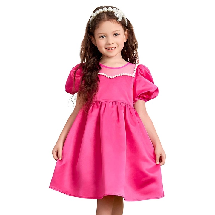 Costum copii, Excellent, rochie saten, perle, roz, 4-5 ani