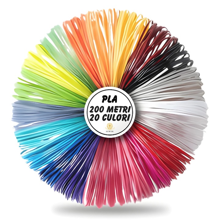 Комплект от 200 метра LEWER® филаменти за 3D писалка, 20 цвята по 10 метра всеки, филамент за 3D принтери и за 3D писалка, PLA 1.75 мм, 160-220°C, без запушване, нетоксичен, без мирис, бързо формиране, многоцветен