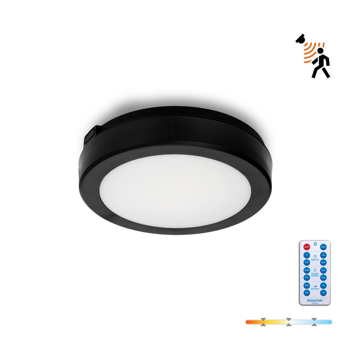 Plafon LED KOBI LIGHT mozgásérzékelővel, 12W, 3CCT, fekete, 1140lm, IP65