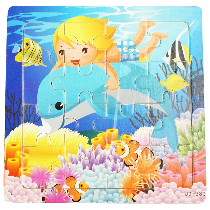 Puzzle din lemn KinderSafe, delfin, 16 piese, 15x15cm, colorat