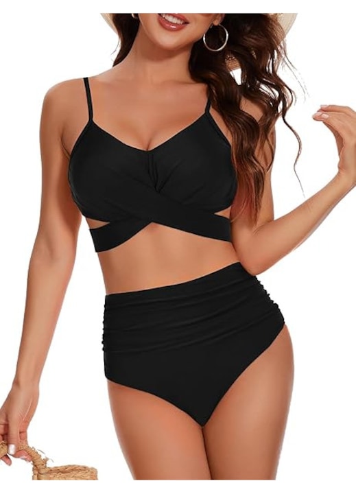 Бански костюм от 2 части с висока талия за жени, Черен S