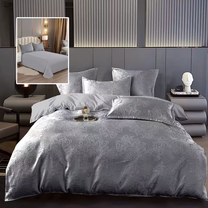 Lenjerie pat dublu NufJoy® JAQUARD satinat, 6 Piese, Cearceaf pat 230x250 cm, Husa Pilota 200x230 cm, 2 Fete Perne 50x70cm, 2 Fete Perna 70x70cm, Calitate Premium, Cutie Cadou, Gri