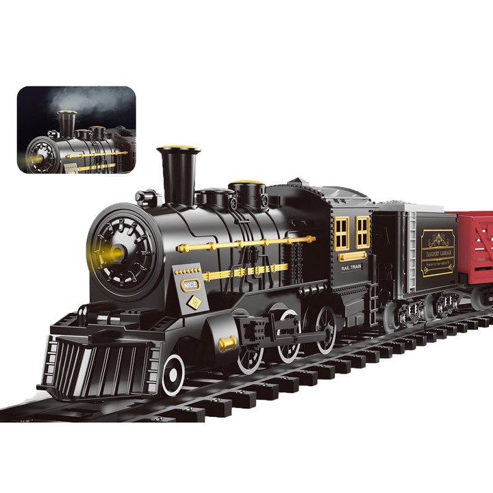 Комплект Електрическо Ретро Влакче Играчка KidProtect® Поларен Експрес за Деца, Със Звуци, Реалистична Пара и Светлини, Включена Акумулаторна Батерия, Диаметър 1м, Черен