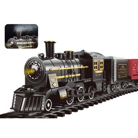 Circuit Trenulet de Jucarie Electric Retro Copii KidProtect® Polar Express, Cu Sunete, Abur Realist si Lumini, Acumulator Inclus, Diametru 1m, Negru