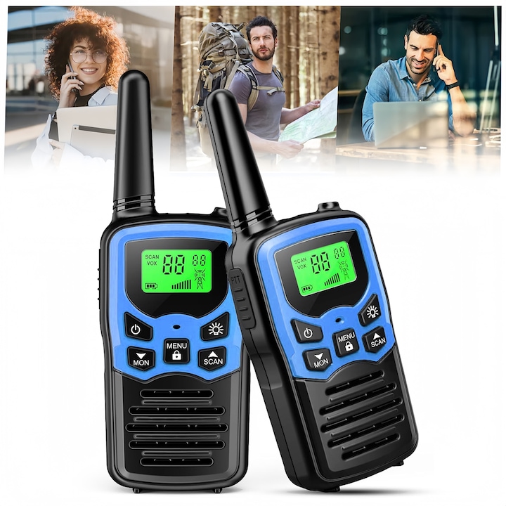 Set 2x Statie radio portabila JFYU, Set 2 walkie talkies, 22 canale FRS, Ecran LCD iluminat, Raza De comunicare pana 8 Km, Jack 2.5mm, Lanterna, 10 Tonuri De Apel, 2 Frecvente Radio FCC ID, 2ASV6-T5A, VOX 3 Moduri, Albastru
