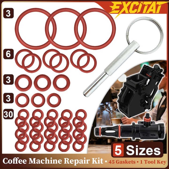 Set 45 garnituri aparat de cafea, pentru intretinere aparat cafea, compatibil cu Philips/Saeco/Odea/Talea/Spider/Gaggia, dimensiuni multiple (5 tipuri), cu cheie pentru aparat cafea, Rosu