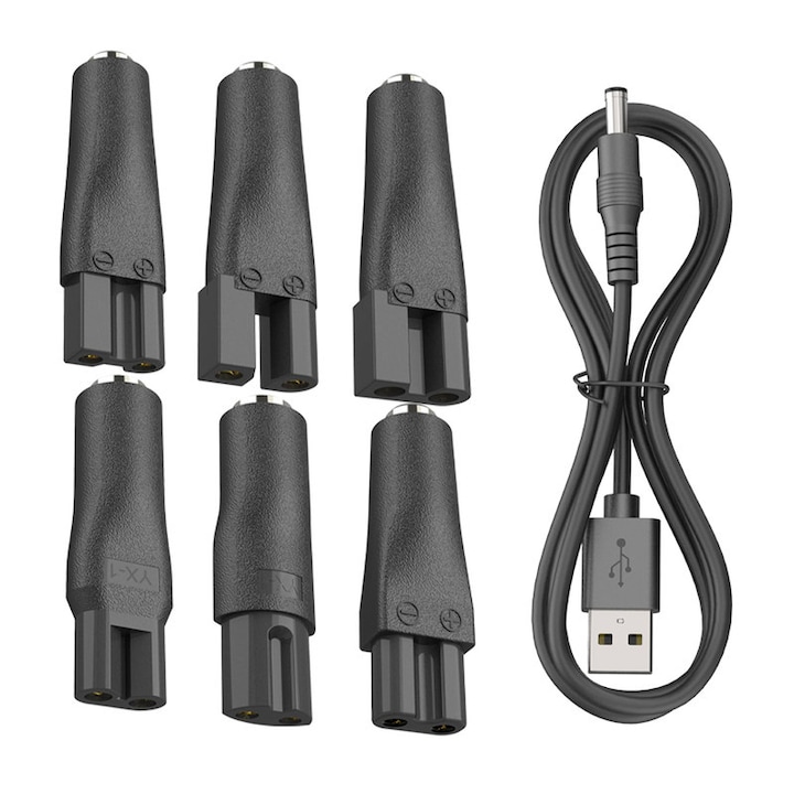 Комплект захранващи кабели за самобръсначки, TREXORA, 7 части, 6 адаптера, USB кабел, черен