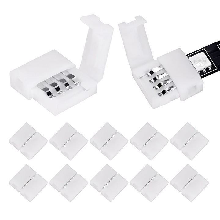 Set 10 conectori benzi LED, waterproof, compatibili cu benzi SMD 5050 RGB, 4-pin, 10mm, alb