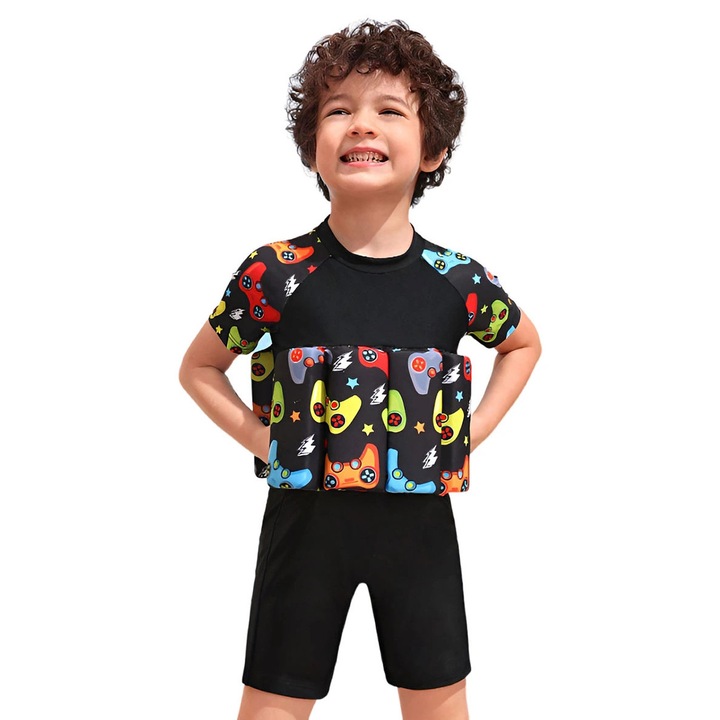 Gyermek fürdőruha fiúknak, úszókkal, fekete, 82% poliészter, 18% spandex, 110 CM