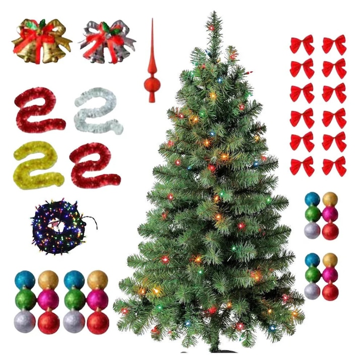 Brad artificial de Craciun, Vivendo, 180 cm, aspect natural, 380 ramuri flexibile PVC, suport inclus, decor complet globuri, beteala, fundite, varf rosu, instalatie lumini 4 m, Multicolor