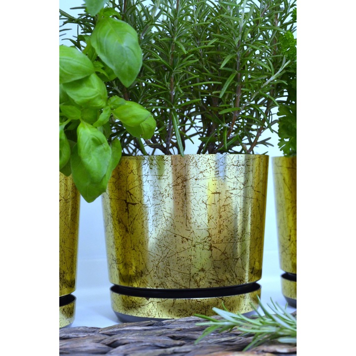 Ghiveci KERD, 16 cm, auriu antichizat, cu suport integrat, din plastic reciclat