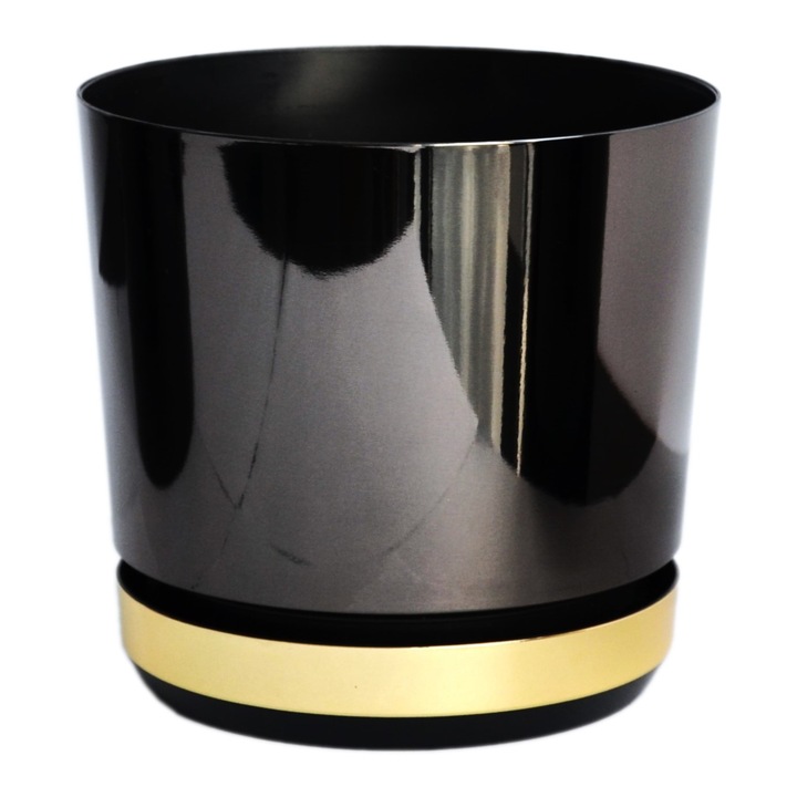 Ghiveci KERD, model Dekor, 14 cm, negru cu baza auriu, cu suport integrat, din plastic reciclat