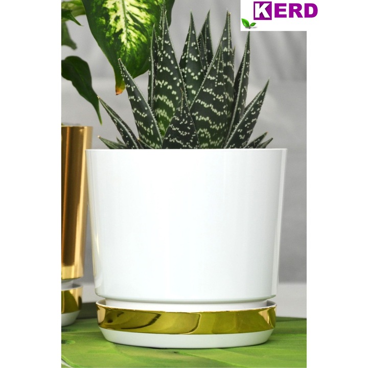 Ghiveci KERD, DEKOR DUO alb-auriu, 14 cm, cu suport integrat, design modern, estetic, usor de curatat