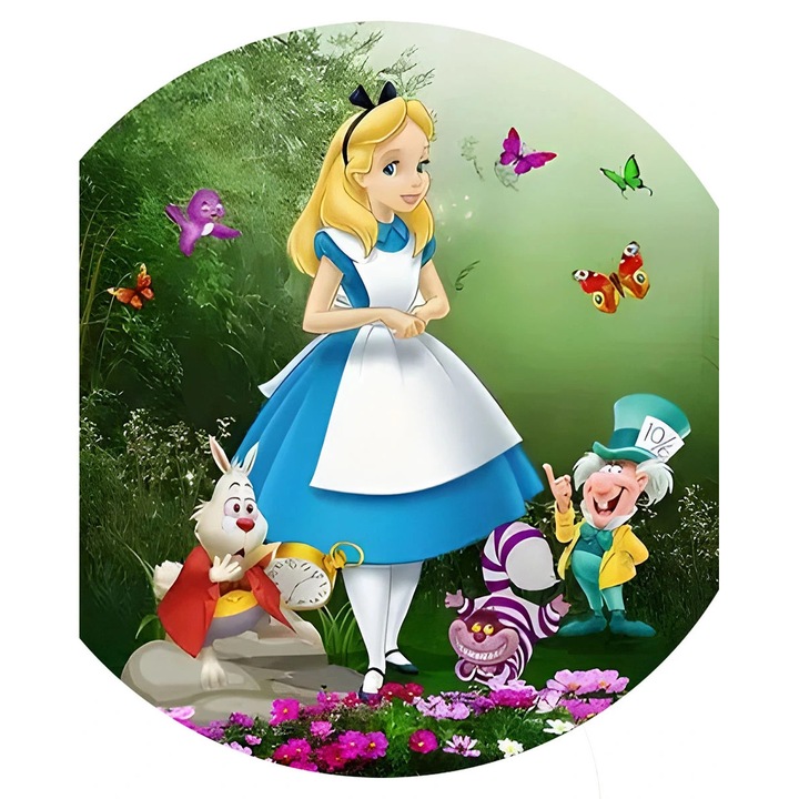 Covor rotund copii, Disney, Alice in Tara Minunilor, 100% poliester, antiderapant, 100cm
