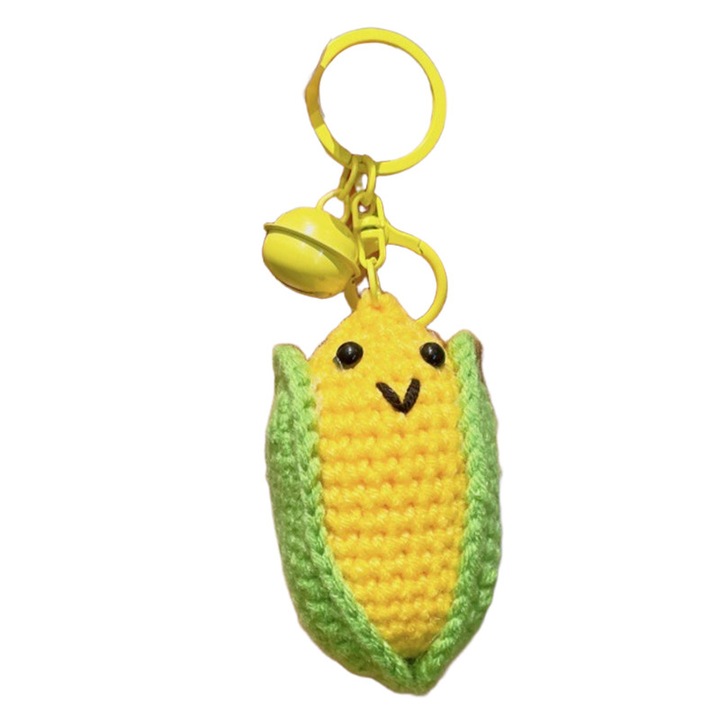 Horgolt kukorica kulcstartó, Momcbebe, sárga/zöld, 9.5x4cm, csengővel, sokoldalú