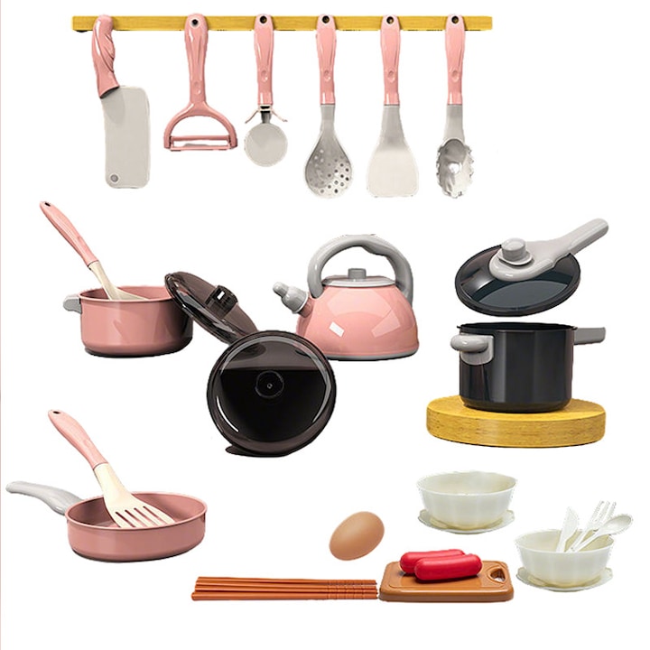 Set de jucarii de bucatarie 28 piese, Momcbebe, simulare gatit, roz