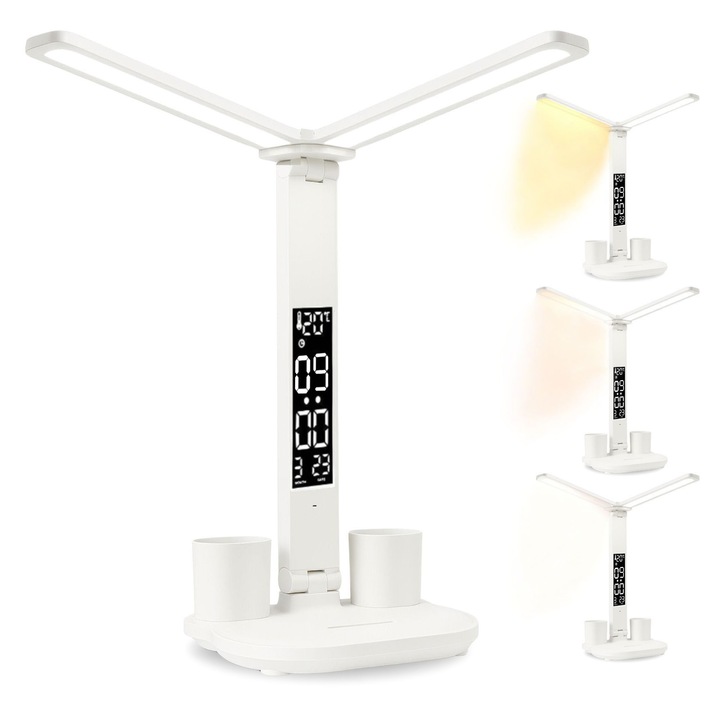 Lampa de birou LED Sternhoff cu ecran digital multifunctional, cap dublu ajustabil, organizator integrat, 3 moduri de iluminare, control tactil intuitiv, luminozitate reglabila continuu, design pliabil modern, baterie reincarcabila portabil