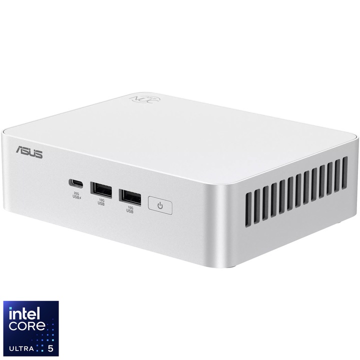 Mini PC Asus NUC 15+ Stylish Kit/RNUC15CRSU500002 cu procesor Intel® Core™ Ultra 5 225H pana la 4.9GHz, fara RAM, fara stocare, Intel® Arc™ graphics, No OS, EU cord, White