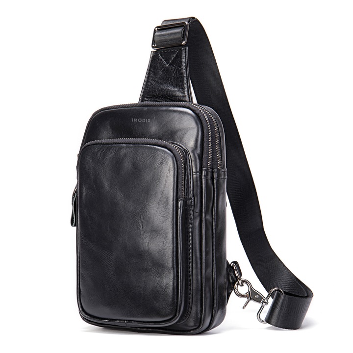 Férfi természetes bőr válltáska, IMODIX®, Több rekeszes, Állítható pántok, 25x15.5x4 cm, 7592-es modell, Fekete