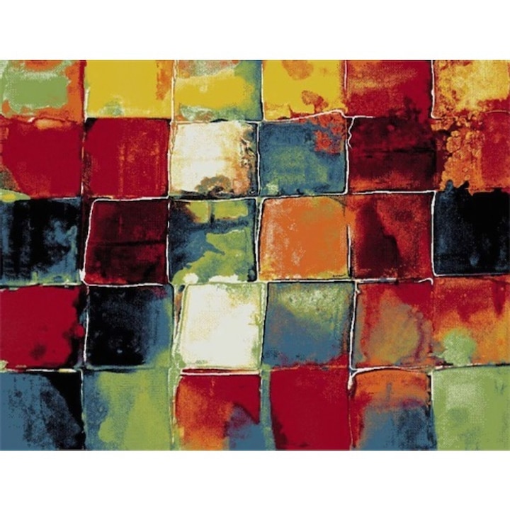 Covor, 120 x 170 cm, densitate covor 3 KG/m², grosime covor 13 mm, Numar noduri pe m² 290000, Pictura in ulei patrata colorata, Potrivit pentru toate camerele