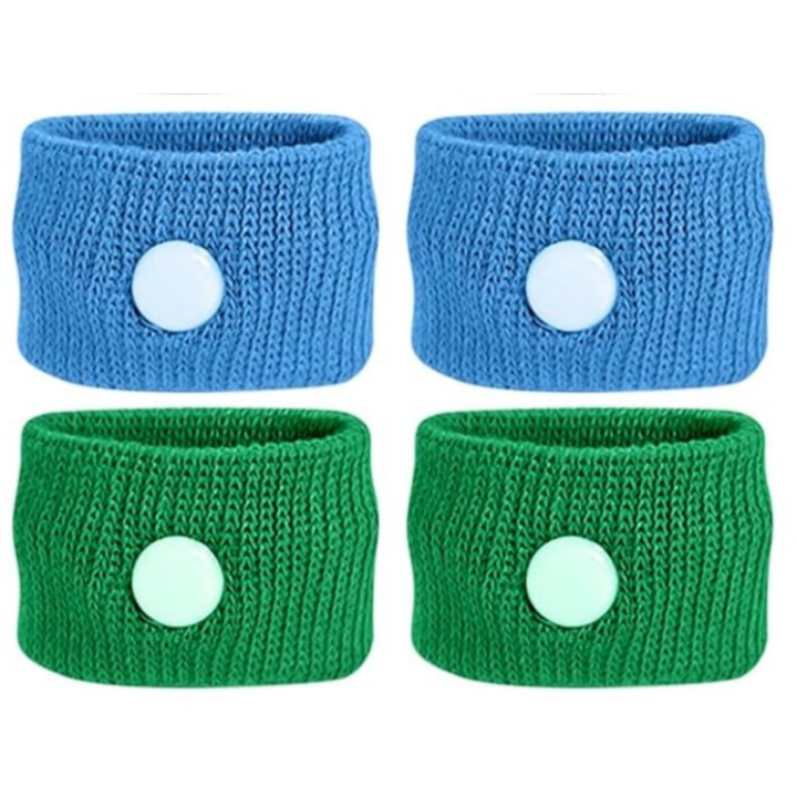 Set 4 bratari cu puncte de presiune pentru prevenirea greturilor, potrivite pentru sarcina, rau de miscare in masina, barca si avion, Vanaxalife®, Verde/ Albastru