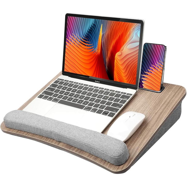 Маса за лаптоп за скут Hesasa®, поставка за телефон, двойна възглавница, за легло, бюро, диван, кола, ергономична, подходяща за лаптопи до 15,6 инча, 54 x 35 x 8 см, кафява