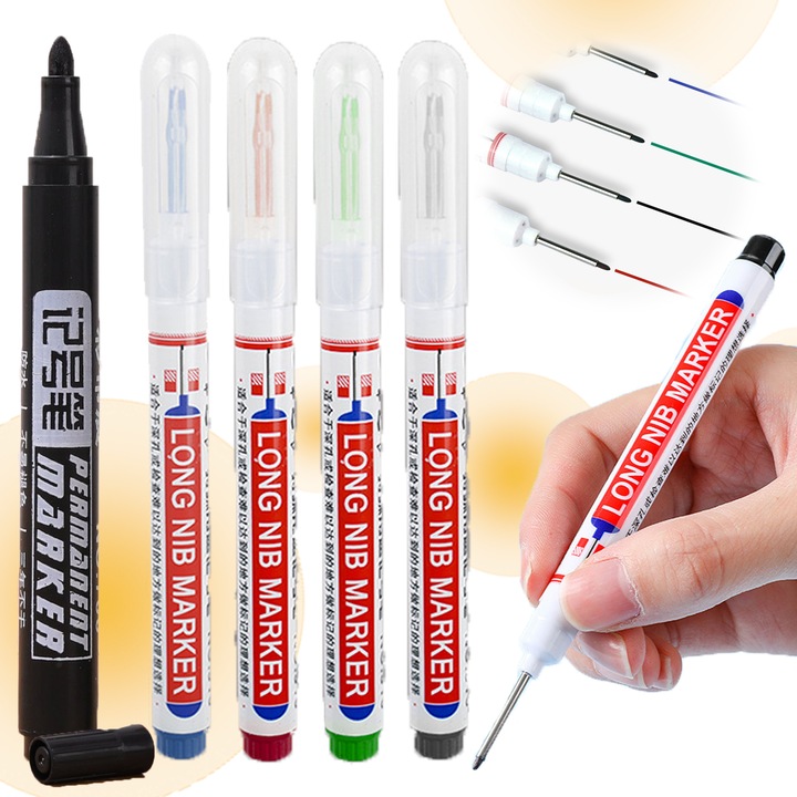 Patru markere cu varf lung de mare capacitate + un marker negru, markere arhitecturale, varf de 22 mm, uscare rapida, impermeabile, potrivite pentru sudare, gaurire, prelucrarea lemnului si marcare arhitecturala (negru, rosu, albastru, verde)