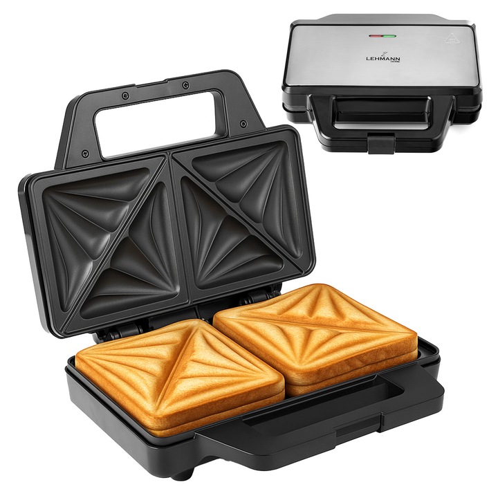 Sandwich-maker, Lehmann Roast XXL, 1000W, strat antiaderent, picioare antiderapante, cablu 70cm, leduri, plita de incalzire 28x15cm 2,8kg, inox